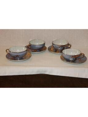 Vintage Japanese Blue Lusterware Cups and Saucers - Set of 4